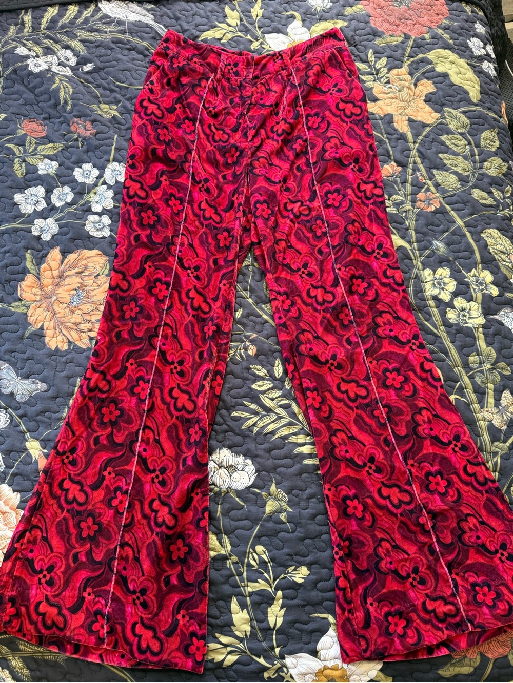 For Love And Lemons Red Floral Velvet Flare Pants